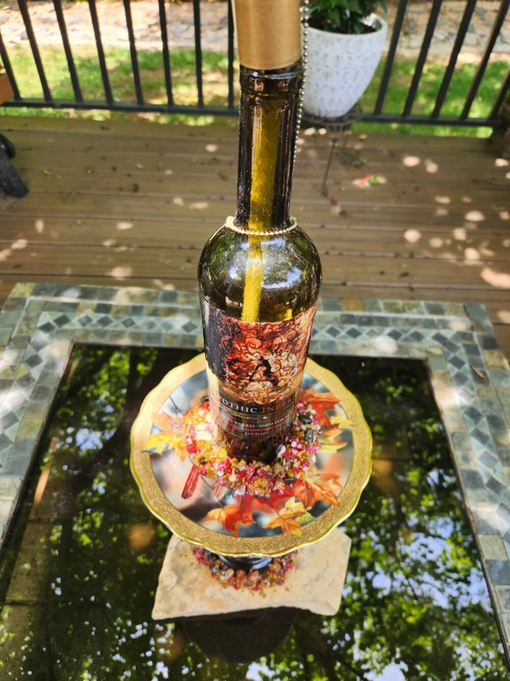 Upcycled Tiki Torch Wine Bottle Stone Bead Accent Flagstone Base